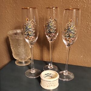 Spode Christmas Tree Champagne Flutes with Gold Rim, EUC, Bundle Of 3